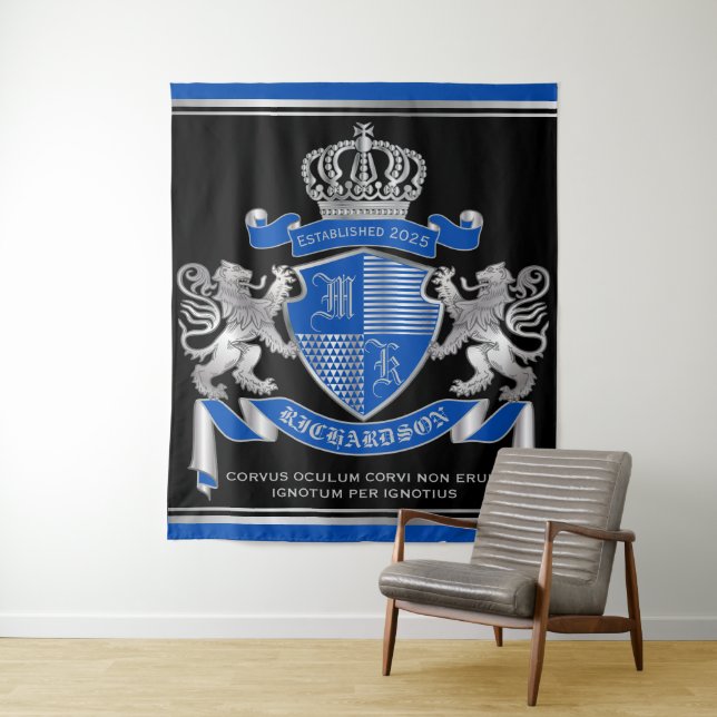 Make Your Own Coat of Arms Blue Silver Lion Emblem Tapestry (In Situ)