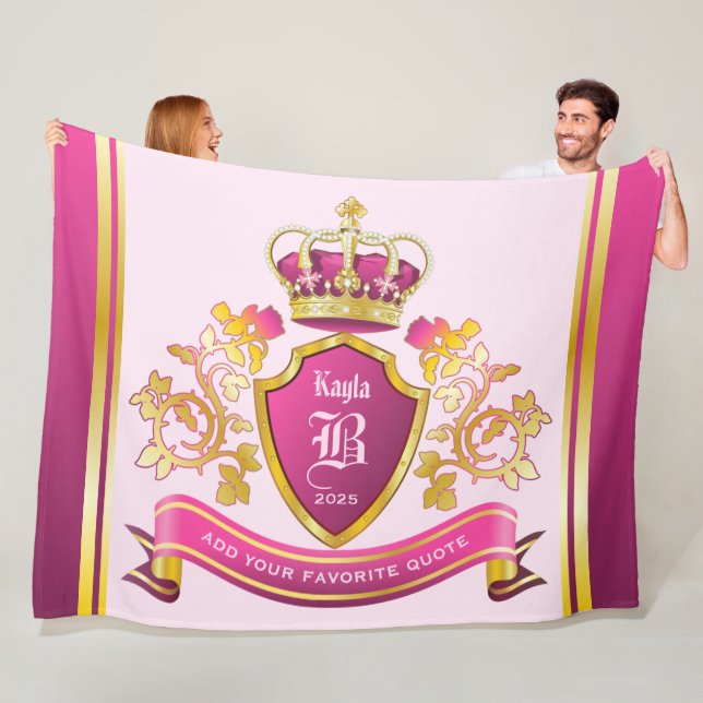 Make Your Own Coat of Arms Gold Crown Pearls Pink Fleece Blanket (In Situ)