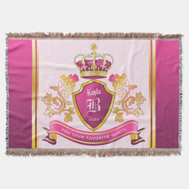 Make Your Own Coat of Arms Gold Crown Pearls Pink Throw Blanket (Front)