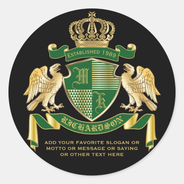 Make Your Own Coat of Arms Green Gold Eagle Emblem Classic Round Sticker (Front)