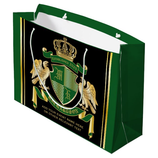 Make Your Own Coat of Arms Green Gold Eagle Emblem Large Gift Bag (Back Angled)