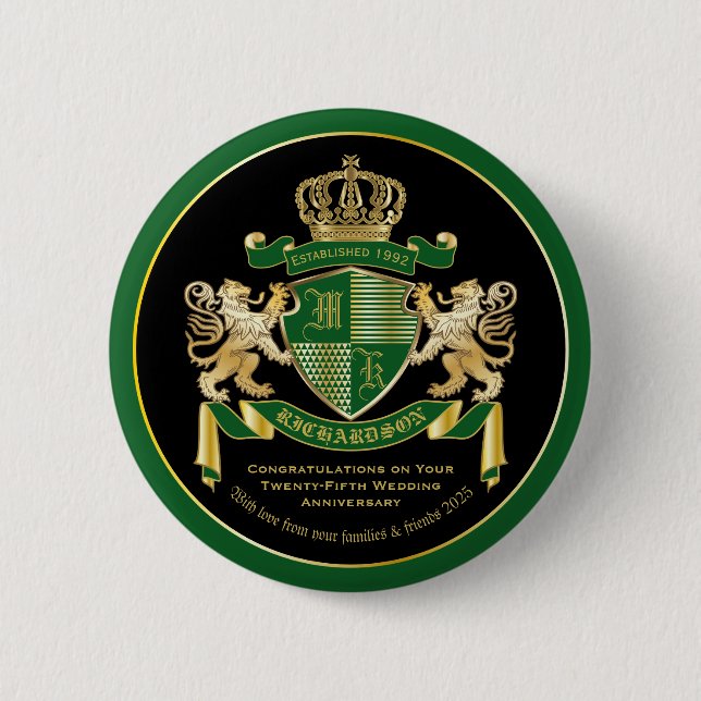 Make Your Own Coat of Arms Green Gold Lion Emblem 6 Cm Round Badge (Front)