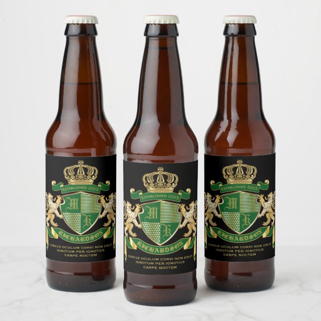 Make Your Own Coat of Arms Green Gold Lion Emblem Beer Bottle Label (Bottles)