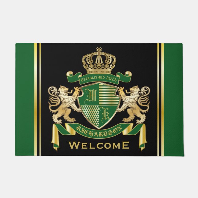 Make Your Own Coat of Arms Green Gold Lion Emblem Doormat (Front)