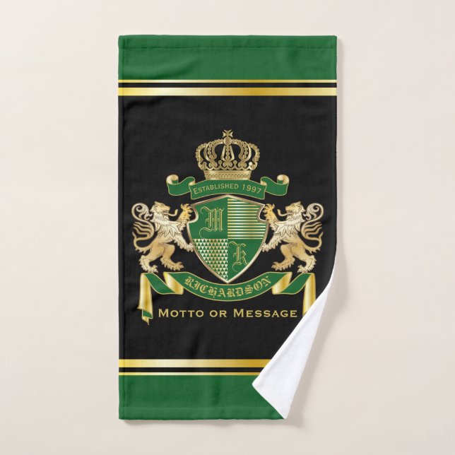 Make Your Own Coat of Arms Green Gold Lion Emblem Hand Towel (Hand Towel)