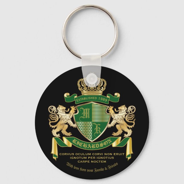 Make Your Own Coat of Arms Green Gold Lion Emblem Key Ring (Front)