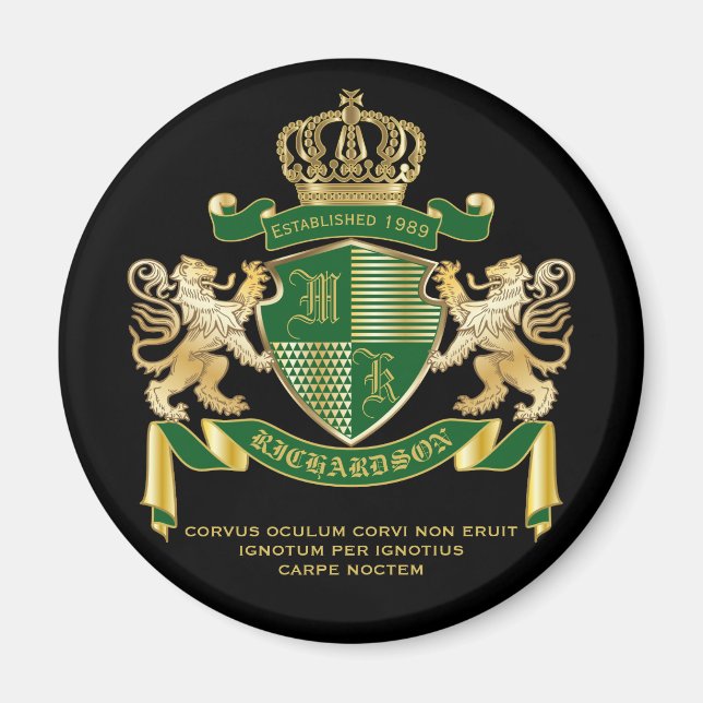 Make Your Own Coat of Arms Green Gold Lion Emblem Magnet (Front)