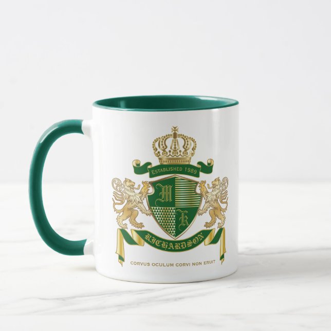 Make Your Own Coat of Arms Green Gold Lion Emblem Mug (Left)