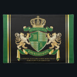 Make Your Own Coat of Arms Green Gold Lion Emblem Placemat<br><div class="desc">Create your very own aristocratic Coat of Arms, Emblem, Insignia or Family Crest with this beautiful, classic escutcheon or shield design. Dark green patterns decorate a shield topped with golden crown and flanked by mediaeval heraldic lion or griffin. A matching top banner holds your custom wedding date / birth date...</div>