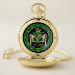 Make Your Own Coat of Arms Green Gold Lion Emblem Pocket Watch<br><div class="desc">Create your very own aristocratic Coat of Arms, Emblem, Insignia or Family Crest with this beautiful, classic escutcheon or shield design. Dark green patterns decorate a shield topped with golden crown and flanked by mediaeval heraldic lion or griffin. A matching top banner holds your custom wedding date / birth date...</div>