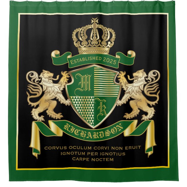Make Your Own Coat of Arms Green Gold Lion Emblem Shower Curtain (Front)