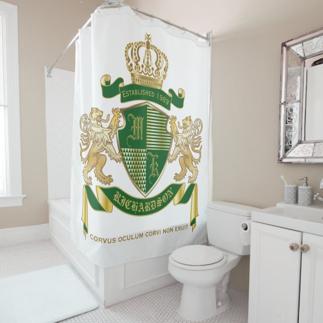 Make Your Own Coat of Arms Green Gold Lion Emblem Shower Curtain (In Situ)