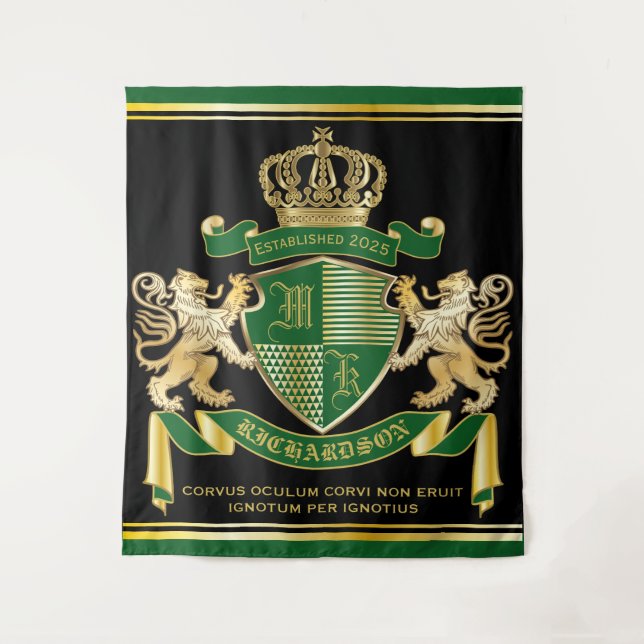 Make Your Own Coat of Arms Green Gold Lion Emblem Tapestry (Front)