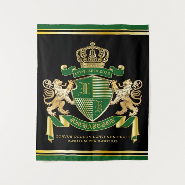 Make Your Own Coat of Arms Green Gold Lion Emblem Tapestry (Front)
