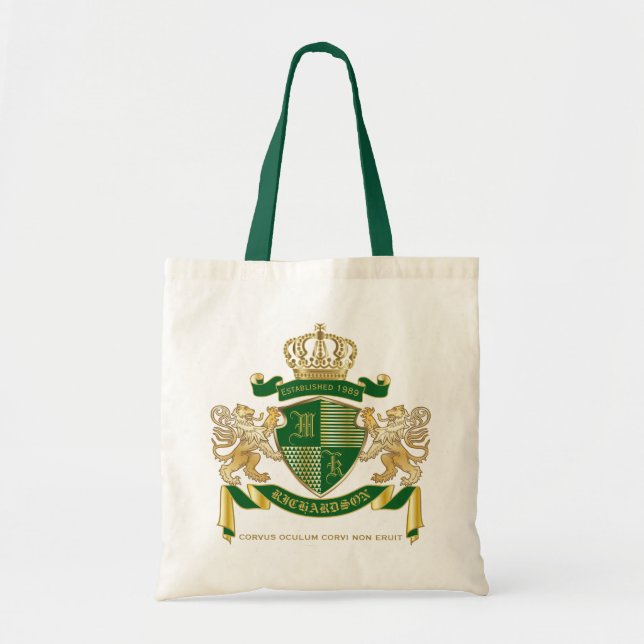 Make Your Own Coat of Arms Green Gold Lion Emblem Tote Bag (Front)