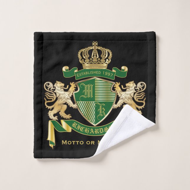 Make Your Own Coat of Arms Green Gold Lion Emblem Wash Cloth (Wash Cloth)