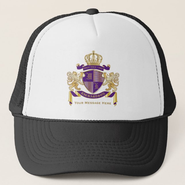 Make Your Own Coat of Arms Monogram Crown Emblem Trucker Hat (Front)
