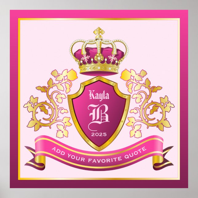 Make Your Own Coat of Arms Pink Gold Crown Pearls Poster (Front)