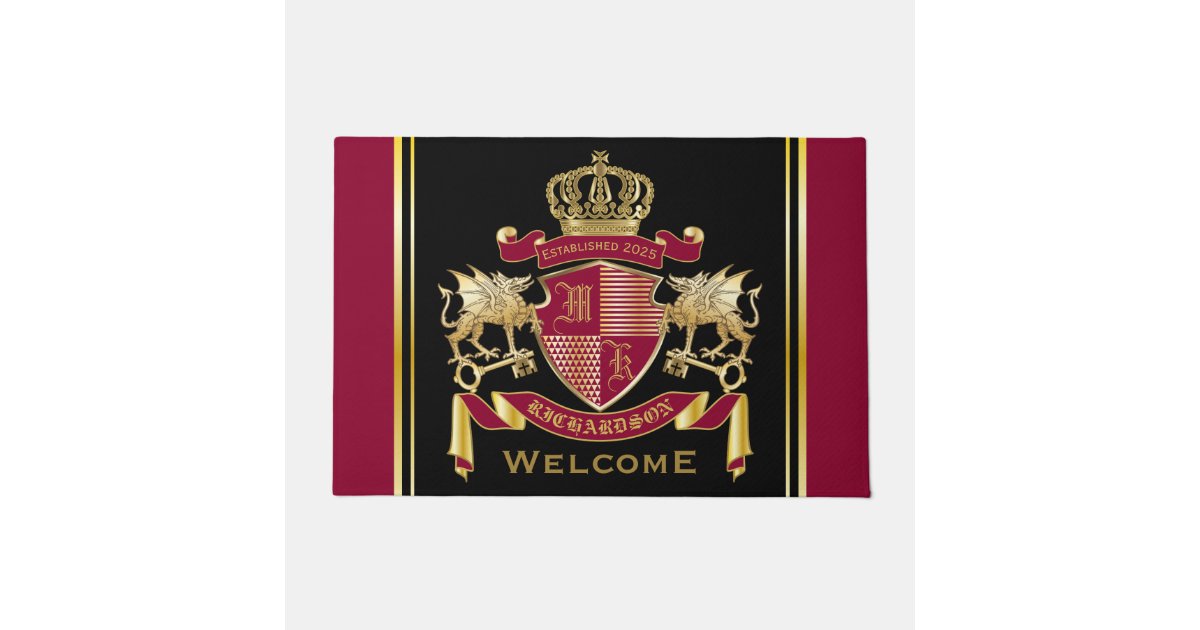 Make Your Own Coat Of Arms Red Gold Dragon Emblem Doormat Zazzle Co Uk