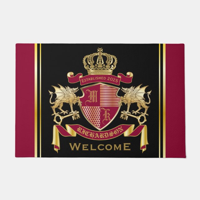 Make Your Own Coat of Arms Red Gold Dragon Emblem Doormat (Front)