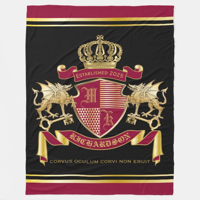 Make Your Own Coat of Arms Red Gold Dragon Emblem Fleece Blanket (Front)