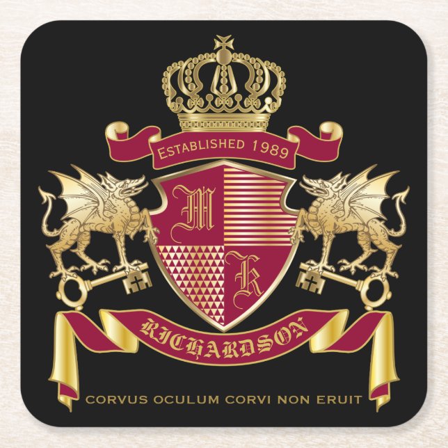 Make Your Own Coat of Arms Red Gold Dragon Emblem Square Paper Coaster (Front)