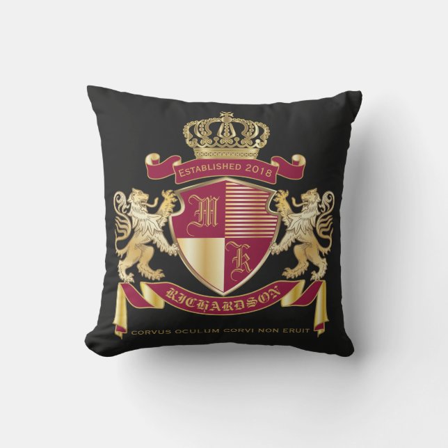 Make Your Own Coat of Arms Red Gold Lion Emblem Cushion (Front)