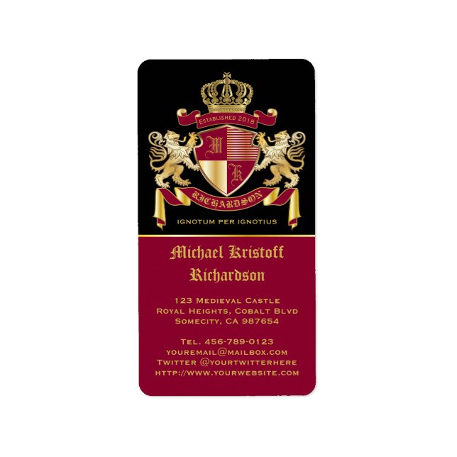 Make Your Own Coat of Arms Red Gold Lion Emblem Label (Front)