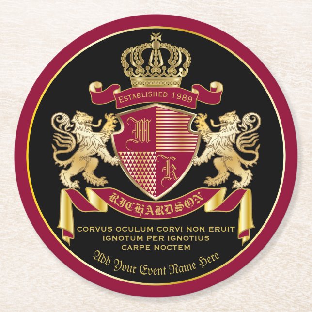 Make Your Own Coat of Arms Red Gold Lion Emblem Round Paper Coaster (Front)