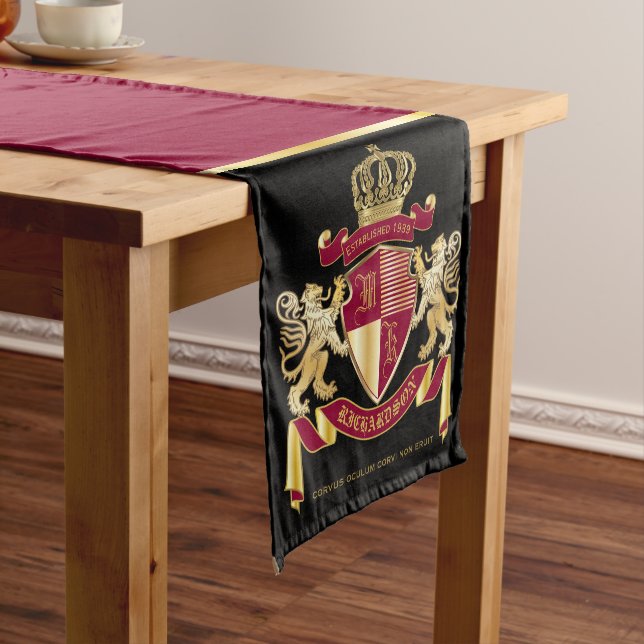 Make Your Own Coat of Arms Red Gold Lion Emblem Short Table Runner (In Situ)