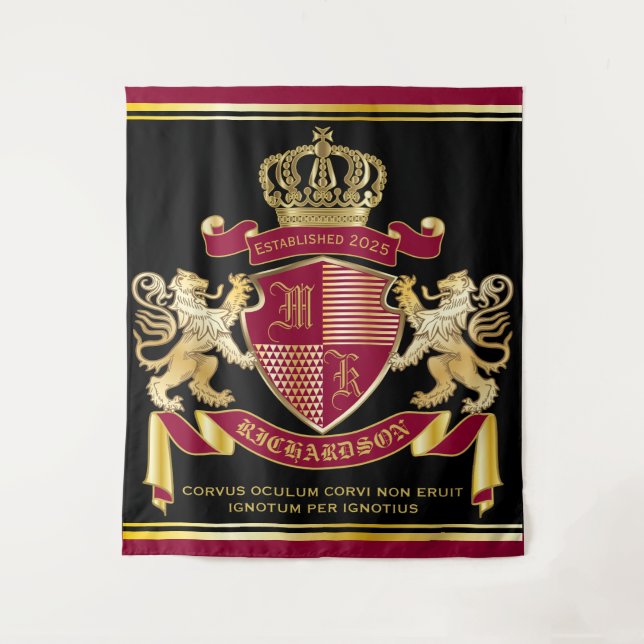 Make Your Own Coat of Arms Red Gold Lion Emblem Tapestry (Front)