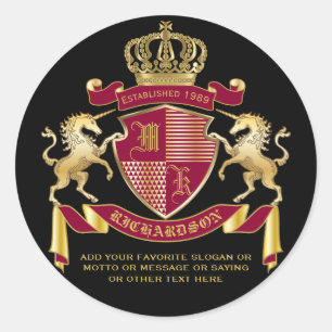 Make Your Own Coat of Arms Red Gold Unicorn Emblem Classic Round Sticker