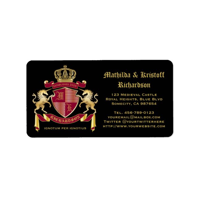 Make Your Own Coat of Arms Red Gold Unicorn Emblem Label (Front)