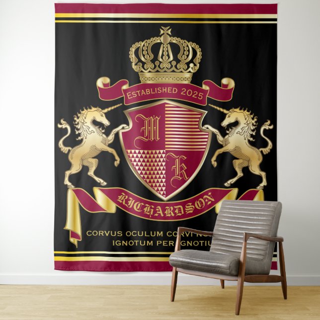 Make Your Own Coat of Arms Red Gold Unicorn Emblem Tapestry (In Situ)