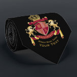 Make Your Own Coat of Arms Red Gold Unicorn Emblem Tie<br><div class="desc">Create your very own aristocratic Coat of Arms, Emblem, Insignia or Family Crest with this beautiful, classic escutcheon or shield design. Crimson red patterns decorate a shield topped with a golden crown and flanked by mediaeval heraldic unicorns. A matching top banner holds your custom wedding date / birth date /...</div>