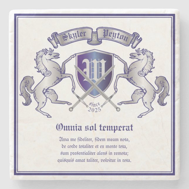 Make Your Own Coat of Arms Silver Horse Shield Stone Coaster (Front)