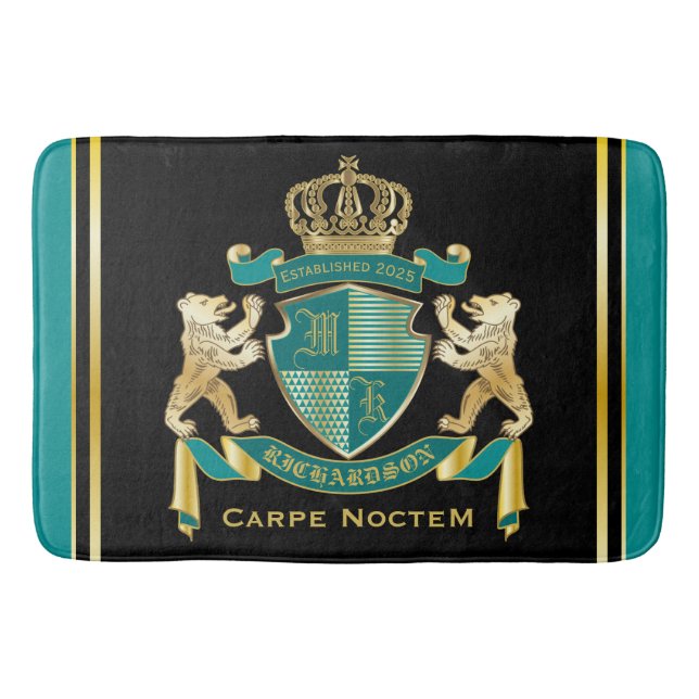 Make Your Own Coat of Arms Teal Gold Bear Emblem Bath Mat (Front)