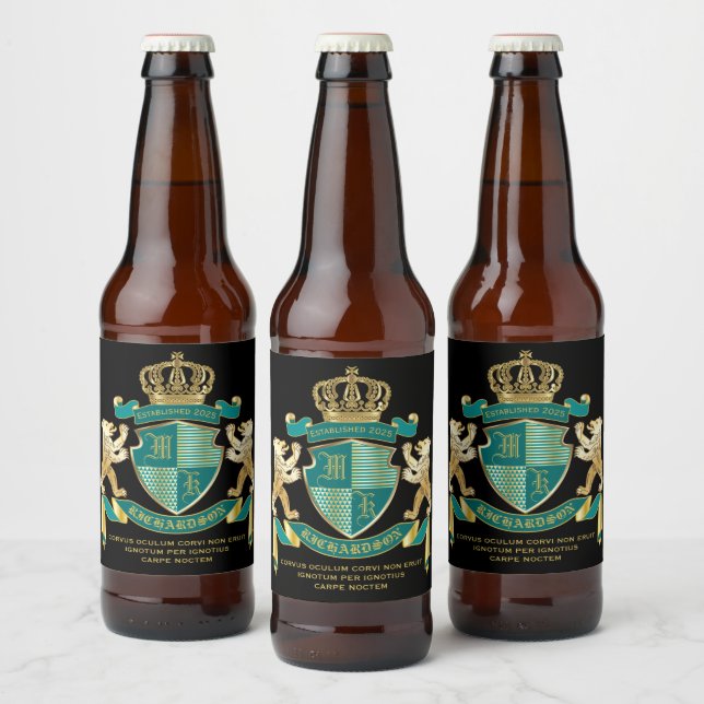 Make Your Own Coat of Arms Teal Gold Bear Emblem Beer Bottle Label (Bottles)