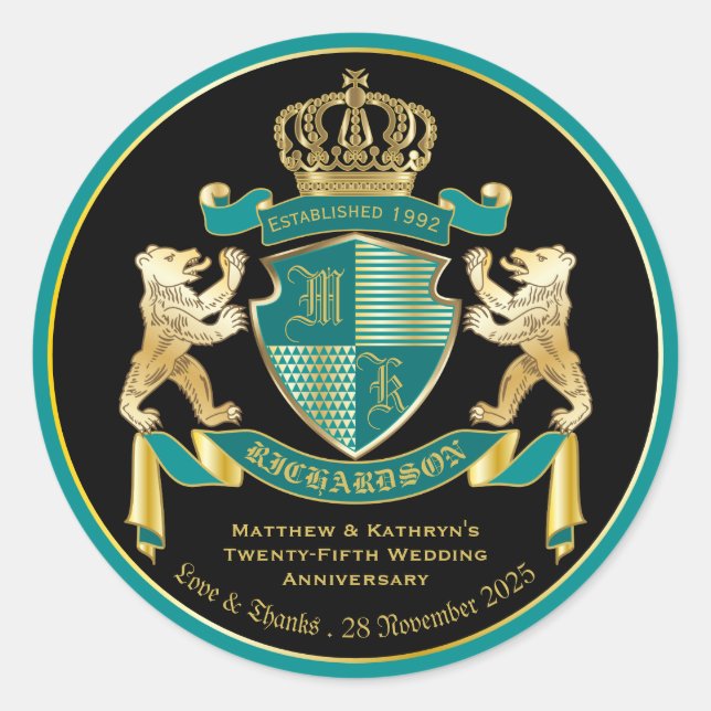 Make Your Own Coat of Arms Teal Gold Bear Emblem Classic Round Sticker (Front)