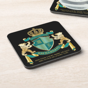 Make Your Own Coat of Arms Teal Gold Bear Emblem Coaster