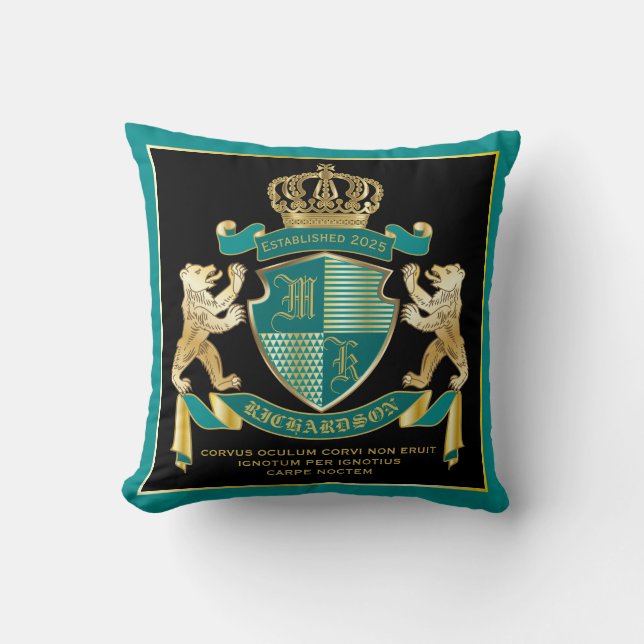 Make Your Own Coat of Arms Teal Gold Bear Emblem Cushion (Front)