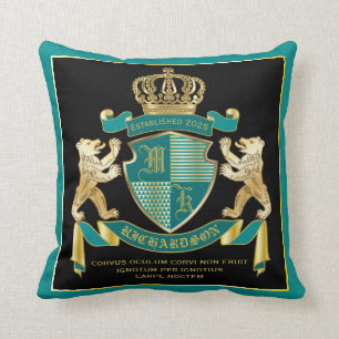 Make Your Own Coat of Arms Teal Gold Bear Emblem Cushion