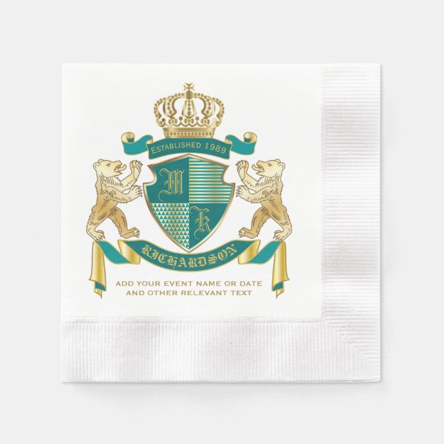 Make Your Own Coat of Arms Teal Gold Bear Emblem Napkin (Front)