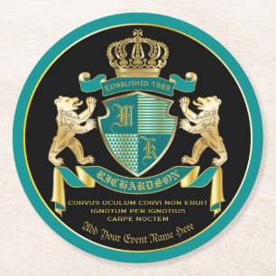Make Your Own Coat of Arms Teal Gold Bear Emblem Round Paper Coaster