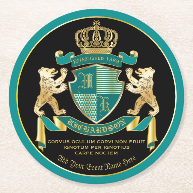 Make Your Own Coat of Arms Teal Gold Bear Emblem Round Paper Coaster (Front)