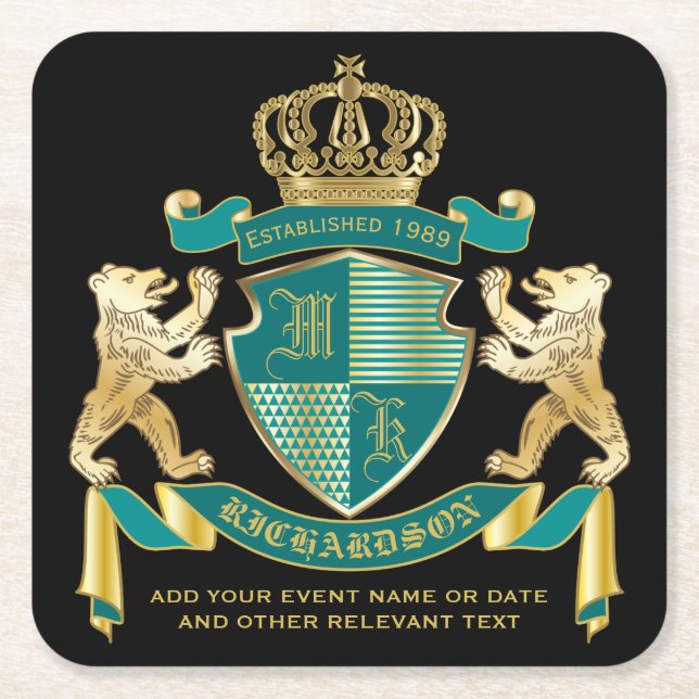 Make Your Own Coat of Arms Teal Gold Bear Emblem Square Paper Coaster (Front)