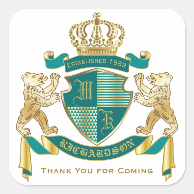Make Your Own Coat of Arms Teal Gold Bear Emblem Square Sticker (Front)