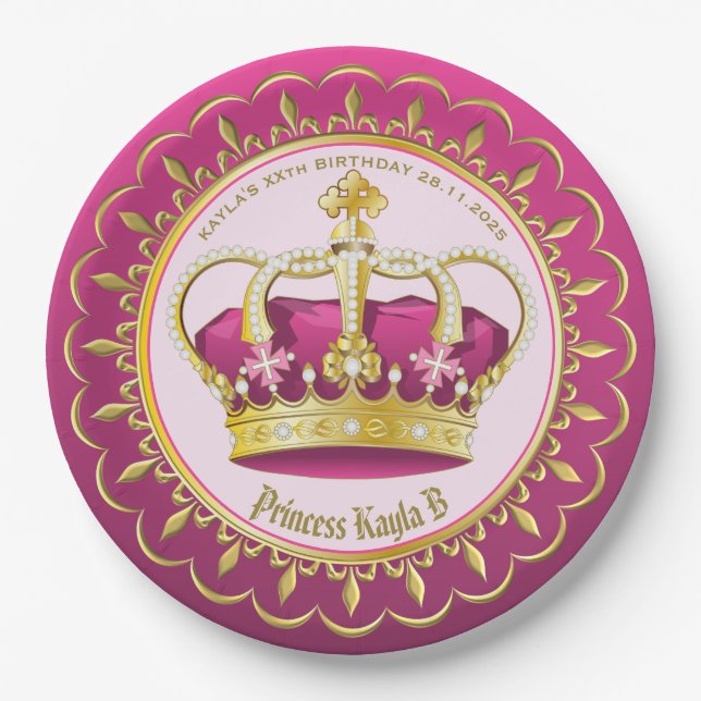 Make Your Own Elegant Gold Pink Crown Pearls Girly Paper Plate (Front)