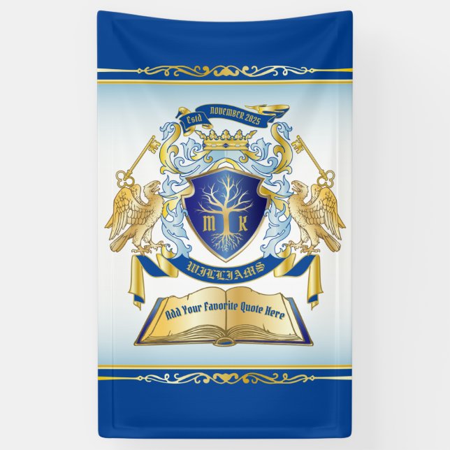 Make Your Own Emblem Tree Book Key Crown Gold Blue Banner (Vertical)