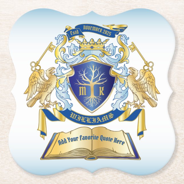 Make Your Own Emblem Tree Book Key Crown Gold Blue Paper Coaster (Front)